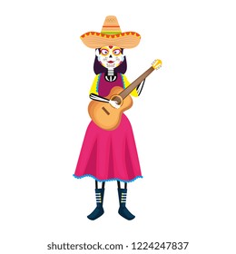 mexica woman with catrina costume and guitar
