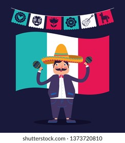 Mexicaan mariachi with maracas over flag cartoons card vector digital image illustration