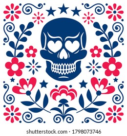 Mexical skull and flowers vector design, Halloween and Day of the Dead decoration - folk art style. Calavera pattern in navy blue and red, floral wallpaper background
