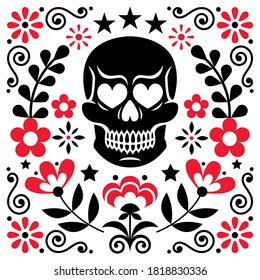 Mexical skull and flowers vector design, Halloween and Day of the Dead floral decoration - folk art style. Calavera pattern in black and red, folky wallpaper background

