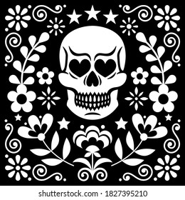 Mexical skull and flowers vector design, white Halloween and Day of the Dead floral decoration on black - folk art style. Calavera monochrome cool pattern, folky wallpaper background

