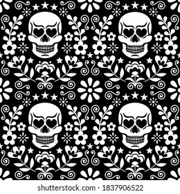 Mexical skull and flowers vector seamless pattern, white Halloween and Day of the Dead floral repetitive design on black - folk art style. Calavera monochrome cool pattern, folky wallpaper 