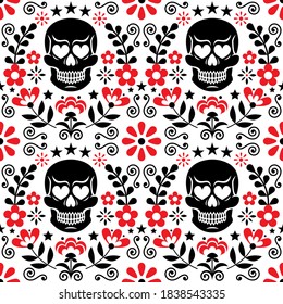 Mexical skull and flowers vector seamless pattern,  Halloween and Day of the Dead floral repetitive design in black and red on white background - folk art style. Calavera cool pattern, folky wallpaper