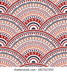 Mexican abstract floral carpet design vector seamless pattern. Tribal motifs contemporary repeating geometry. Native indian folk overlapping circular shapes seamless geometric pattern.