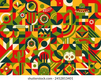 Mexican abstract modern geometric pattern with Latin motifs. Vector background with simple shapes, skull, cactus, jalapeno or chili pepper and sombrero. Colorful tile ornament of red, green or yellow