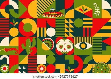 Mexican abstract poster with geometric shapes, creative collage template. Vector background with mosaic of skull, sombrero hat, cactus and jalapeno peppers in bright green, yellow, white or red colors