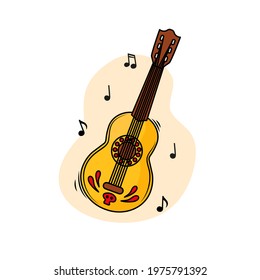 Mexican acoustic guitar with patterns and musical notes. Holiday symbols. Vector cartoon illustration.