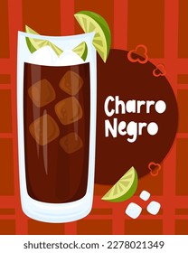 Cóctel alcohólico mexicano Charro Negro. Afiche de color vertical con bebida popular latinoamericana. Ilustración del vector 