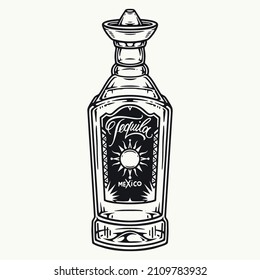 Mexican alcoholic drink tequila glass bottle with closed cover in monochrome vintage style, vector illustration