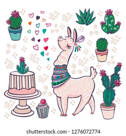 Mexican Alpaca Llamas and desert plants vector set. Cartoon lamaser and easter cactus with flowers illustration