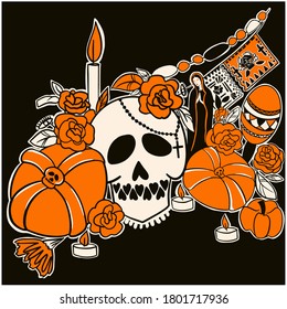 Mexican altar for day of the dead, marigold flowers, candles, sweet edible skulls. traditional tamale and pan de muertos sweet bread. Halloween, Day of the dead. Dia de los muertos. Vector