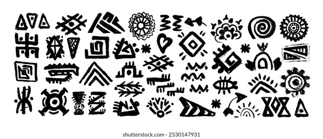 Símbolos y signos tradicionales mexicanos y estadounidenses. Conjunto de Abstractas ídolos de tótem de animales y aves aztecas, antiguos signos tradicionales primitivos de la civilización maya inca.