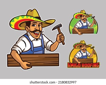 Hombre amigo mexicano con sombrero llevando martillo y tabla para el logotipo de dibujos animados o manuales