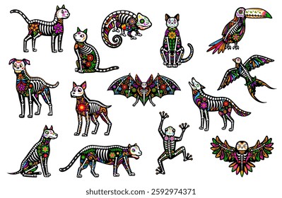 Mexican animal Day of the Dead tattoo, Dia de los Muertos skeletons with sugar skull calavera pattern. Vector mexican Day of the Dead cat and dog animals, owl, bat, toucan, chameleon, frog and bird