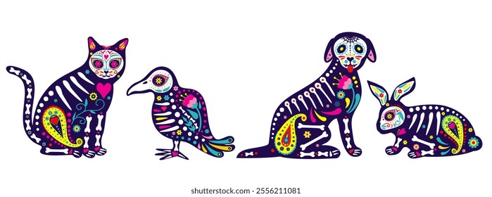 Mexican animal skulls, festive dog, bird, cat and rabbit. Dia de los Muertos, Mexican Day of Dead.  Animals skeletons, Halloween celebration spooky cute characters. Day of dead vector elements