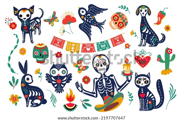 Mexican animal skulls, festive\
dog, bird cat and owl. Animals and human skeleton, halloween\
celebration spooky cute characters. Nowaday day of dead vector\
elements