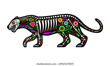 Mexican animal tattoo of jaguar with skull and skeleton bones in vector floral ornament. Mexican culture and ethnic art tattoo of jaguar, cougar and panther wild animal skeleton with heart and flowers