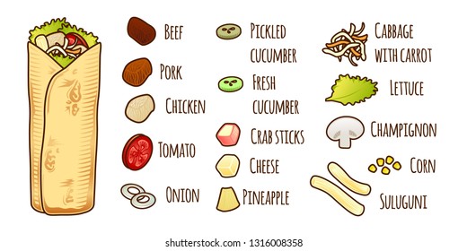 Mexican or Arabic Fast Food for your Menu Design. Kebab isoleted on white. Shaurma with element food icon set