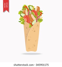Mexican or Arabic Fast Food for your Menu Design. Kebab with pita bread, chicken, cucumber, tomato, lettuce, onion and cheese. 