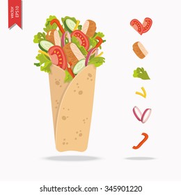 Mexican or Arabic Fast Food for your Menu Design. Kebab with pita bread, chicken, cucumber, tomato, lettuce, onion and cheese. 