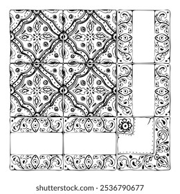 Mexicano árabe mediterrâneo marroquino motif mosaico, azulejo piso vidrado ornamento. Conjunto isolado de placa de azulejos. Ilustração de vetor de tinta desenhada à mão. Arquitetura de design, folheto, decoração de casa