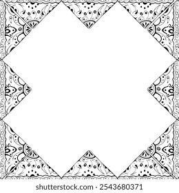 Mexican Arabic Mediterranean Moroccan mosaic motif, azulejo wall floor glazed tile ornament. Isolated cross border frame. Hand drawn ink vector illustration. Design brochure, home decor architecture