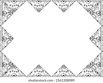 Mexican Arabic Mediterranean Moroccan mosaic motif, azulejo wall floor glazed tile ornament. Isolated border frame. Hand drawn ink vector illustration. Design brochure card, home decor architecture