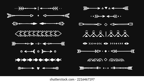 Mexican arrow hand drawn chalkboard element set. African, aztec rustic ethnic arrow, ornament divider. Tribal boho decor design. Vector illustration.