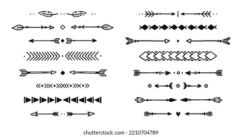 Mexican arrow hand drawn element set. African, aztec rustic ethnic arrow, ornament divider. Tribal boho decor design. Vector illustration.