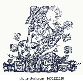 Mexican art. Mariachi skeleton wearing sombrero and playing guitar. Feathered Serpent and glyph. Quetzalcoatl. Mesoamerican mythology. Mayan tattoo concept 