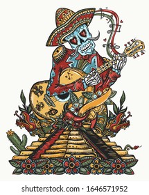 mexikanische Kunst. Mariachi Skelett mit Sombrero und Gitarre spielen. Mesoamerikanische Mythologie. Maya-Pyramide. Tätowierungsstil der alten Schule