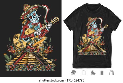 Arte mexicano. Mariachi esqueleto con sombrero y guitarra. Impresión creativa. Diseño de pantalones T. Plantilla para carteles, textiles, prendas de vestir. Ilustración de vectores para ropa oscura