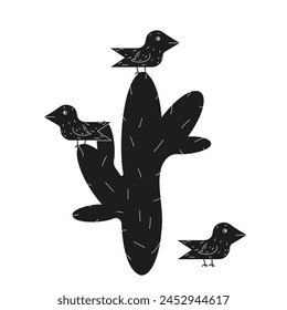 Mexican art with Woodcut birds family on the Cactus isolated white background. Simple black Starlings in trend Brazilian Cordel style. Minimal vector can used poster, banner design, t-shirt print