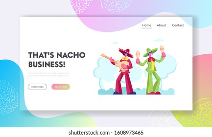 Mexican Artist Musicians Website Landing Page. Cinco De Mayo Festival with Group of Men in Colorful Costumes and Sombrero Playing Guitar and Maracas Web Page Banner. Cartoon Flat Vector Illustration