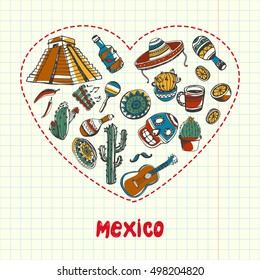 Mexican associated symbols. Mexican national and cultural related and sketches with pen Mexican ethnic elements.