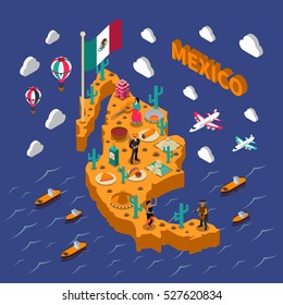 Mexican attractions for tourists and travelers isometric map poster with national food flag cactus sombrero vector illustration 