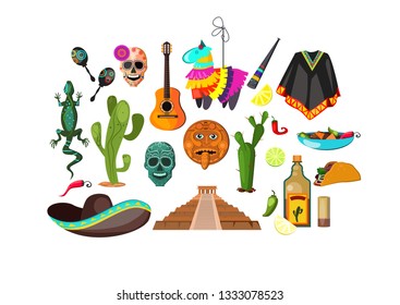 Mexican attributes illustration. Cloth, accessory, national style. Ethnography concept. Vector illustration can be used for topics like Mexica, adventure, trip