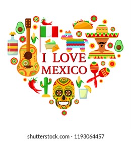 Mexican attributes in shape of heart on white backgrounds