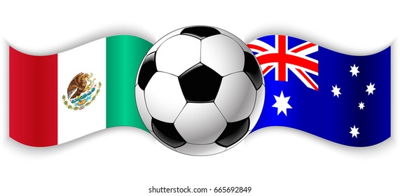 Mexican and Australian wavy flags with football ball. Mexico combined with Australia isolated on white. Football match or international sport competition concept.