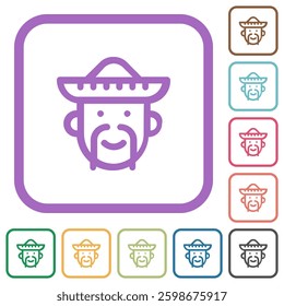 Mexican avatar outline simple icons in color rounded square frames on white background