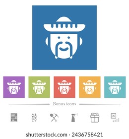 Mexican avatar solid flat white icons in square backgrounds. 6 bonus icons included.