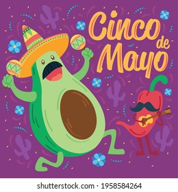 Mexican avocado and chili pepper cartoonsCinco de mayo poster - Vector