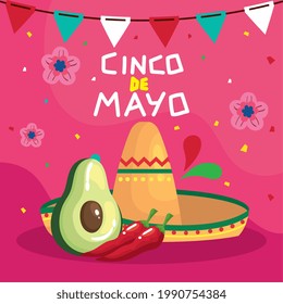 Mexican avocado chillis and hat of Cinco de mayo vector design