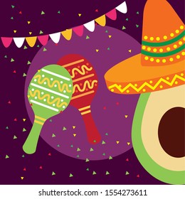 Mexican avocado with hat design, Mexico culture tourism landmark latin and party theme Vector illustration