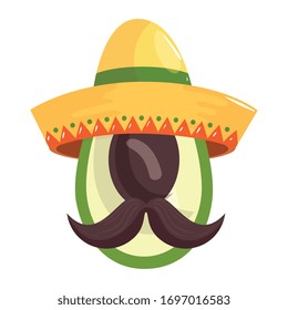 Mexican avocado with hat and mustache design, Mexico culture tourism landmark latin and party theme Vector illustration