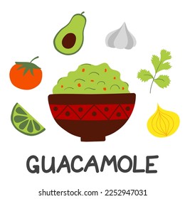 Guacamole con salsa de aguacate mexicano y ingredientes crudos frescos. Ilustración vectorial plana en blanco