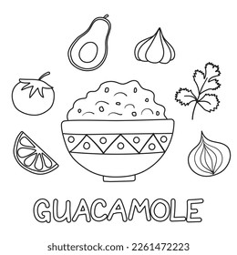 Guacamole con salsa de aguacate mexicano y ingredientes crudos frescos. Ilustración vectorial plana en blanco