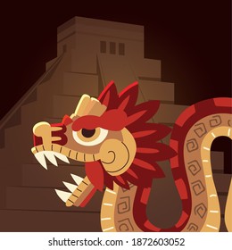 mexican aztec civilization snake and pyramid traditional vector illustration