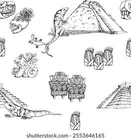 Mexican Aztec pyramid, ancient religious carvings sculptures, iguana jaguar skull corn deity god. Hand drawn ink vector isolated illustration. Seamless pattern. Design travel, vacation brochure, paper