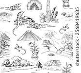 Mexican Aztec pyramid landscape, ancient religious carvings headdress, iguana lizard cacti cocoa. Hand drawn ink vector isolated illustration. Seamless pattern for travel, vacation brochure, paper